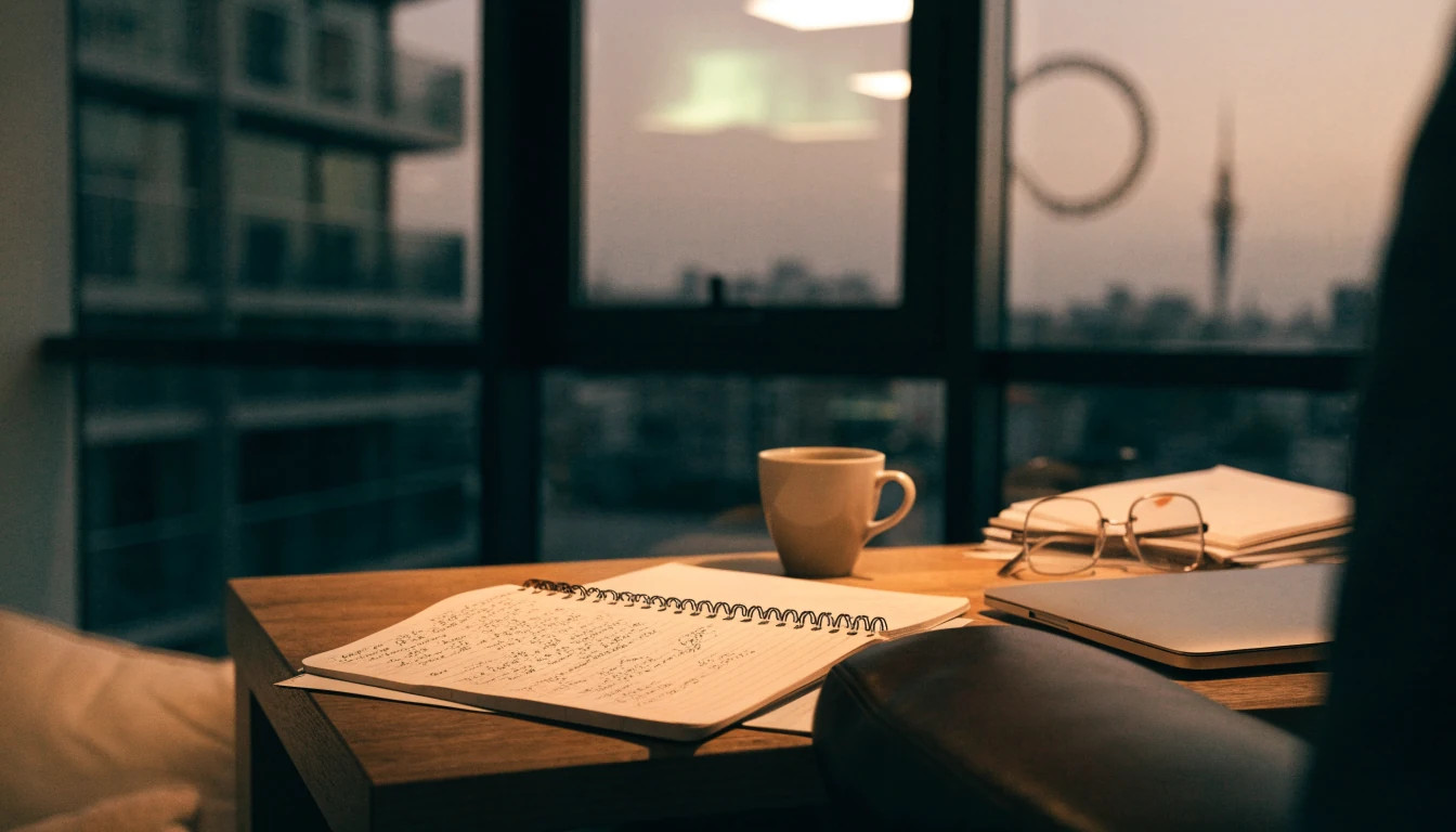 Researcher's desk with notebook and laptop overlooking Auckland skyline at dusk