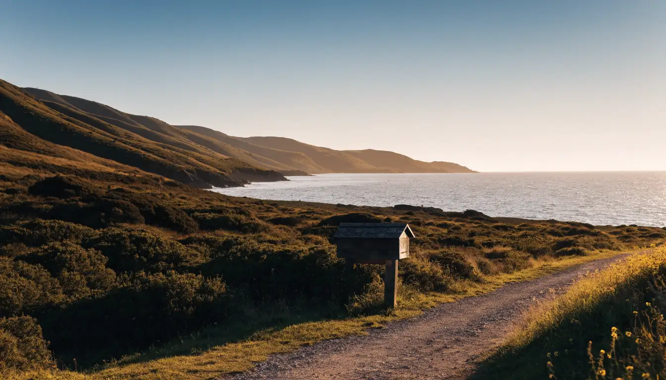 New Zealand coastal hills and a wooden mailbox at golden hour