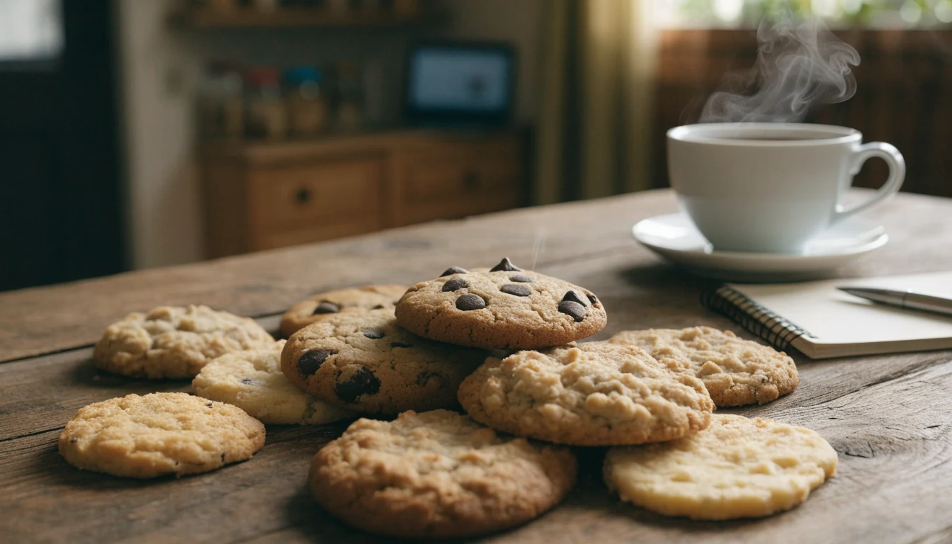 Assorted homemade cookies on a wooden table with a notebook and coffee cup