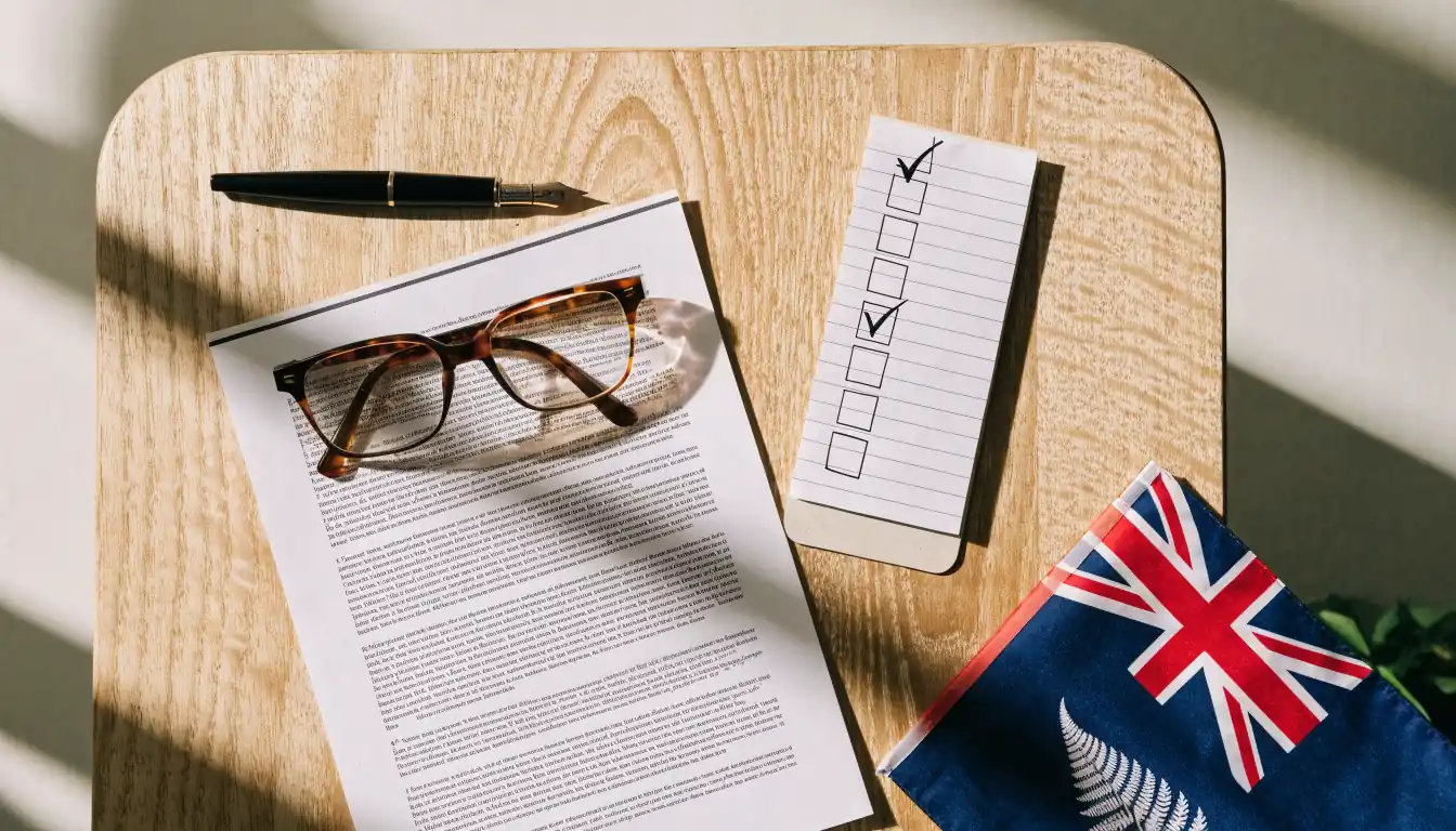 Printed disclaimer document on a desk with glasses, pen, and a small New Zealand flag.