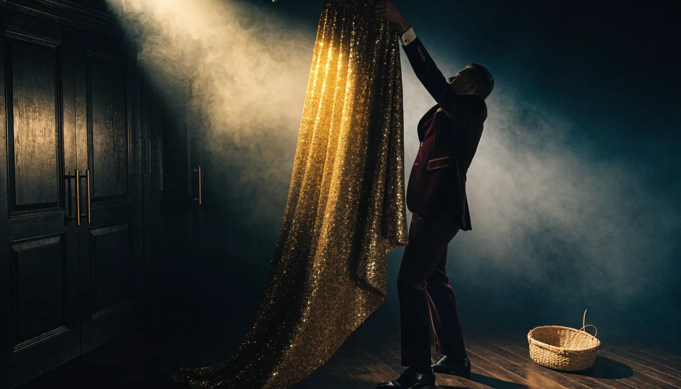 Magician revealing empty space behind a glittering curtain.
