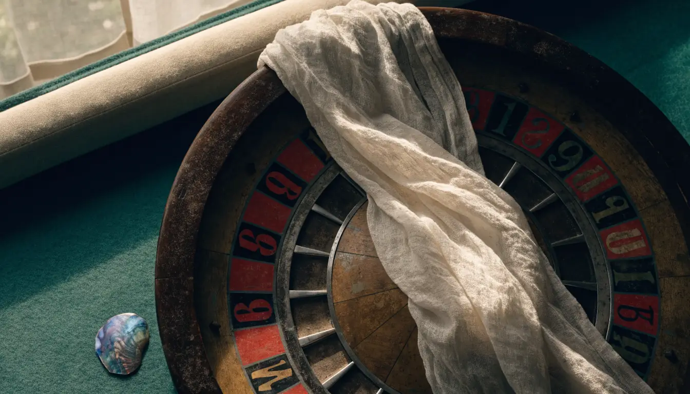 Covered roulette wheel on a casino-style table.