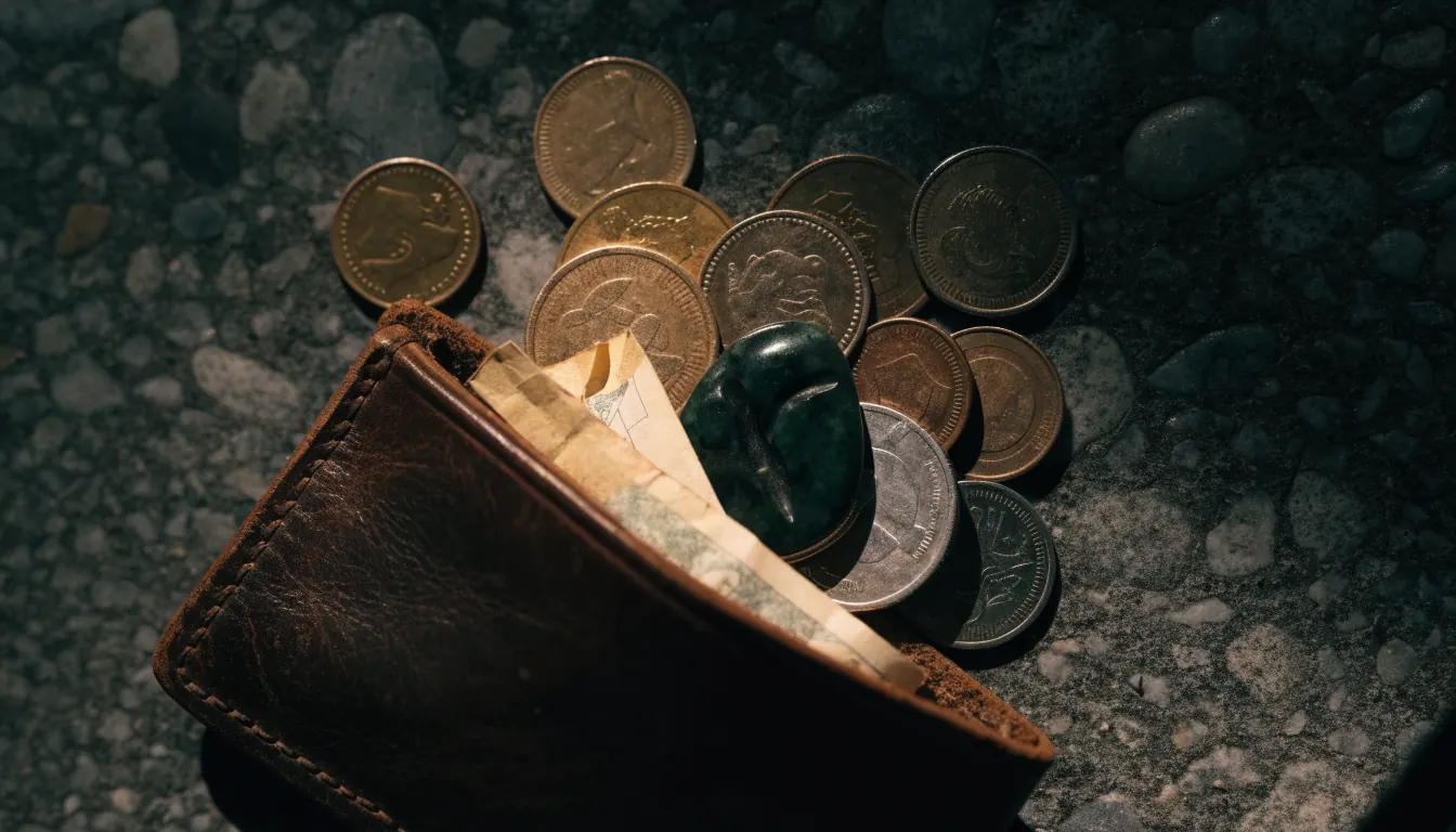 Wallet spilling assorted coins onto a stone surface.