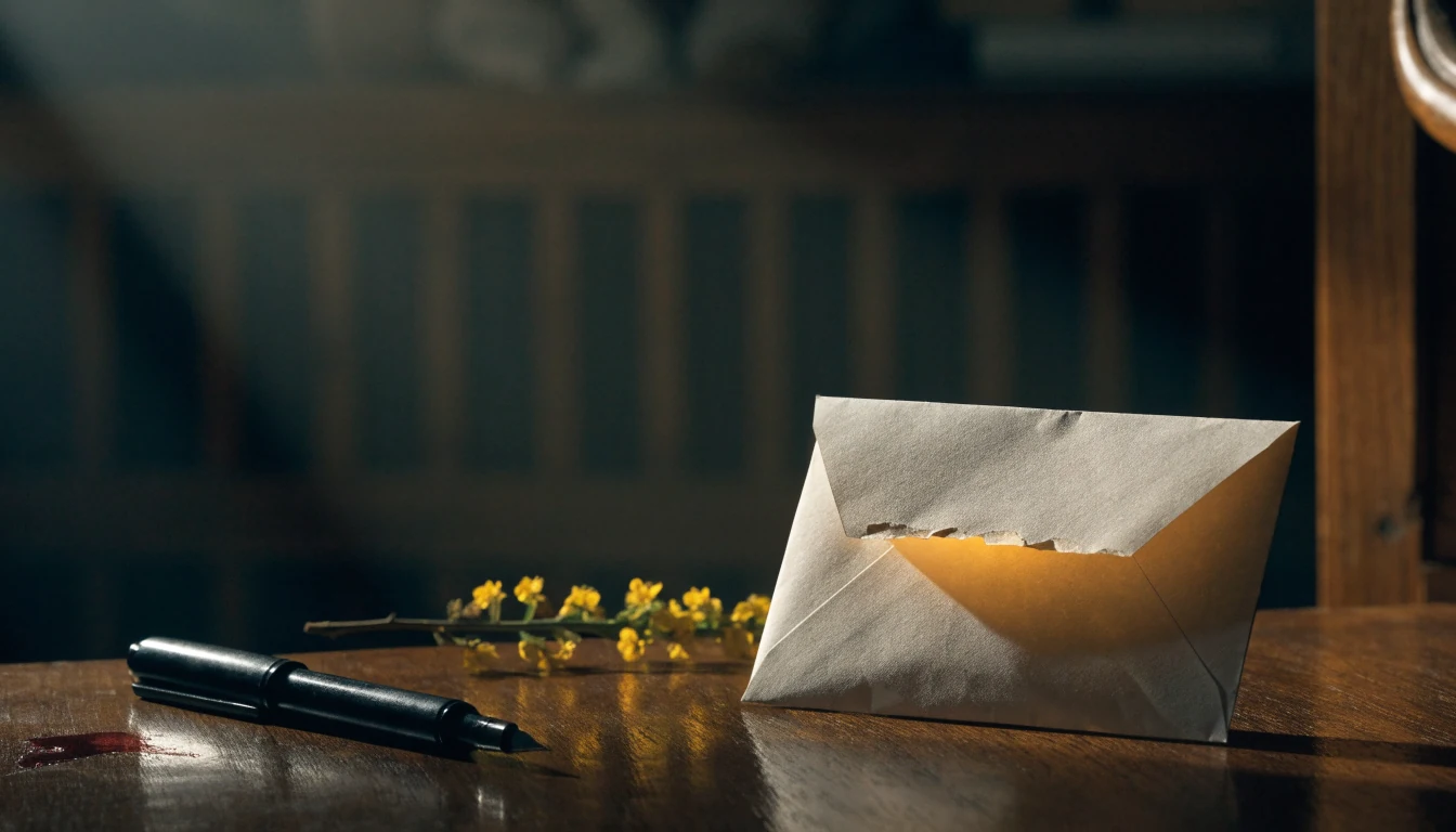 Slightly opened glowing envelope on a wooden desk.