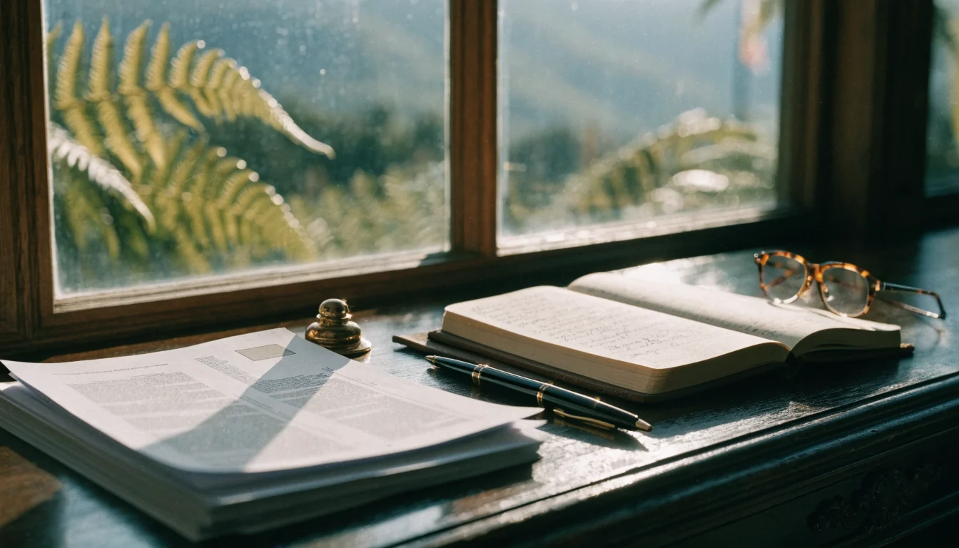Editorial desk with documents, notebook, and New Zealand fern outside window.