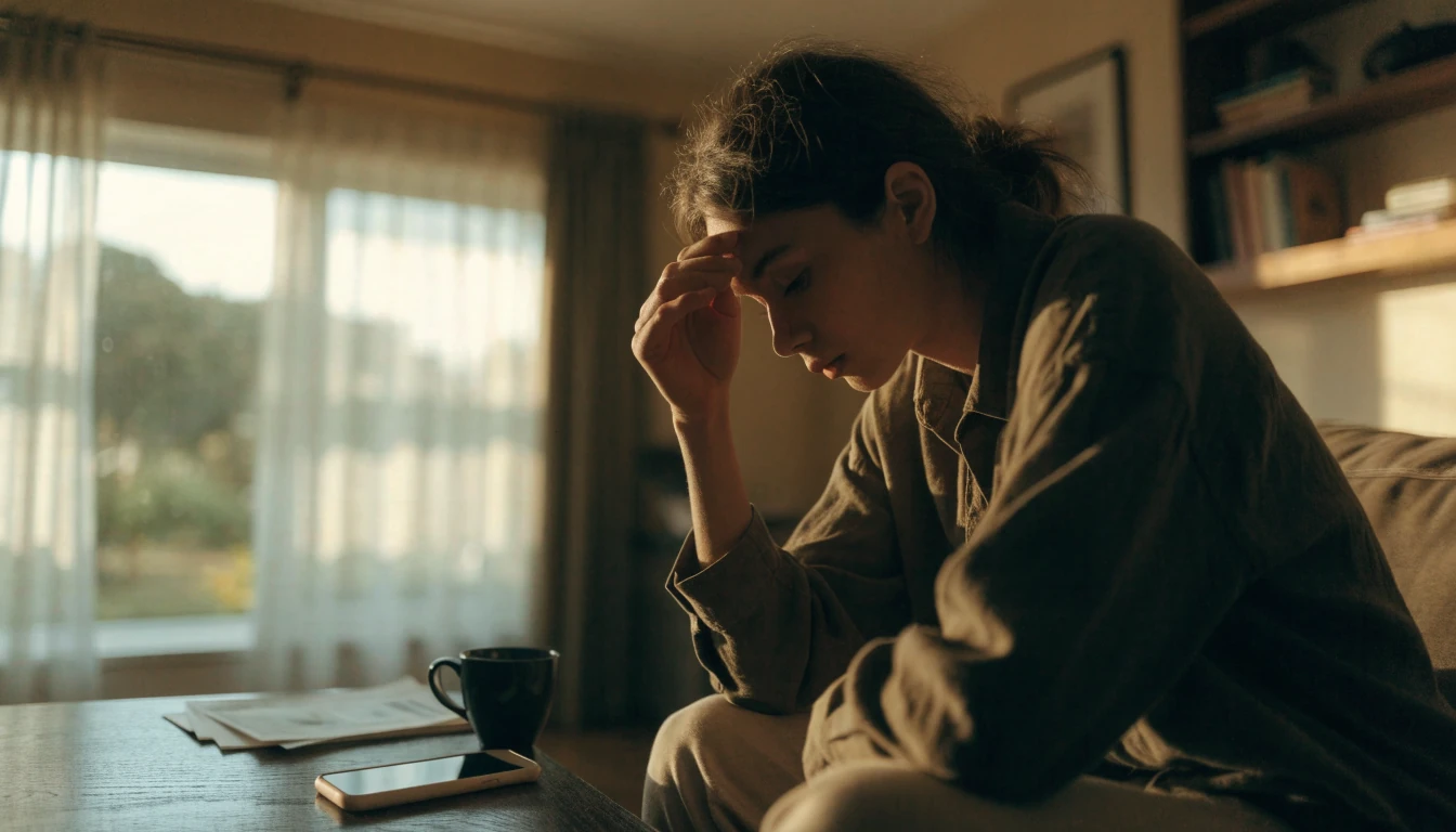 Person sitting pensively with bills and a face-down phone