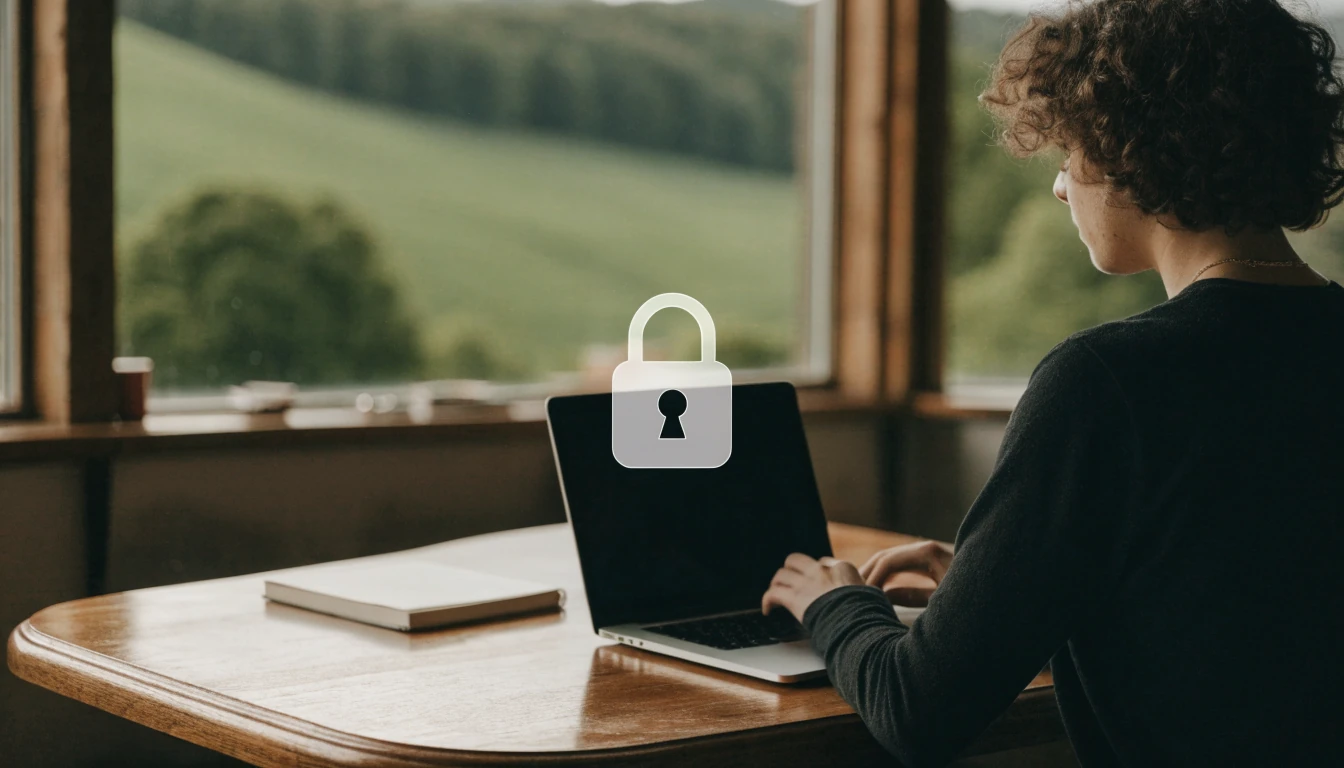 Person working on a laptop with a digital padlock icon in a New Zealand home office.