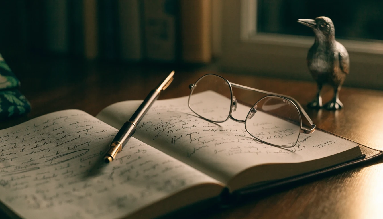 Legal notebook with pen and Kiwi ornament on a wooden desk